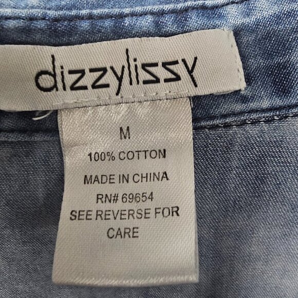 Dizzy Lizzy Blue Chambray Tie Dye Button Down Tunic Blouse Belted Grunge M - Picture 9 of 12